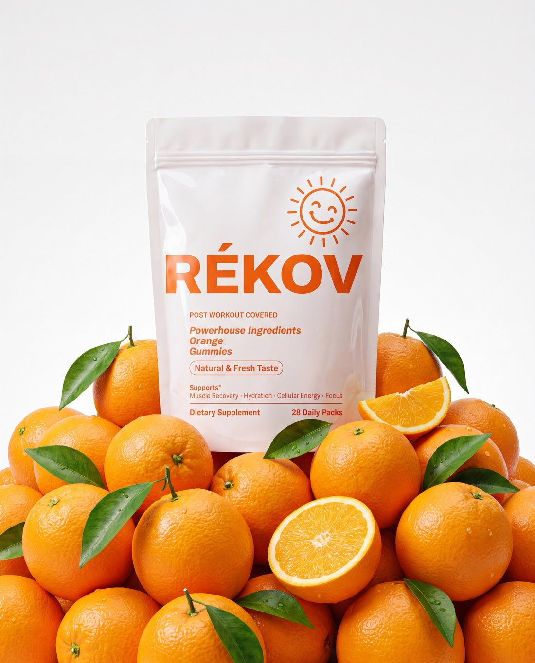 Rékov Orange pouch on a pile of fresh oranges