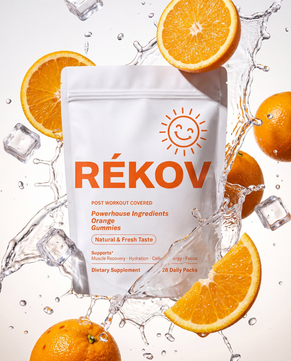 Rékov Orange recovery gummies pouch with fresh oranges and ice