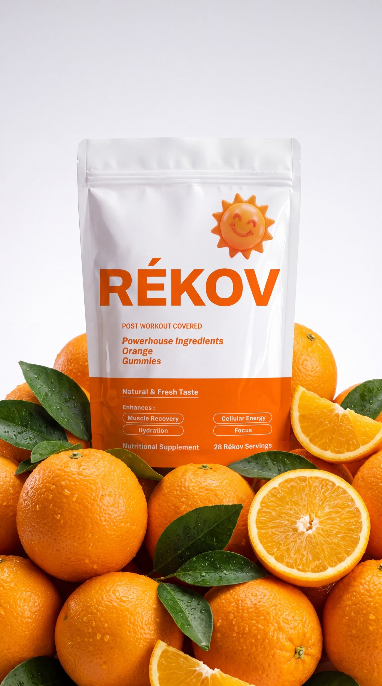 Rékov Orange pouch on a pile of fresh oranges