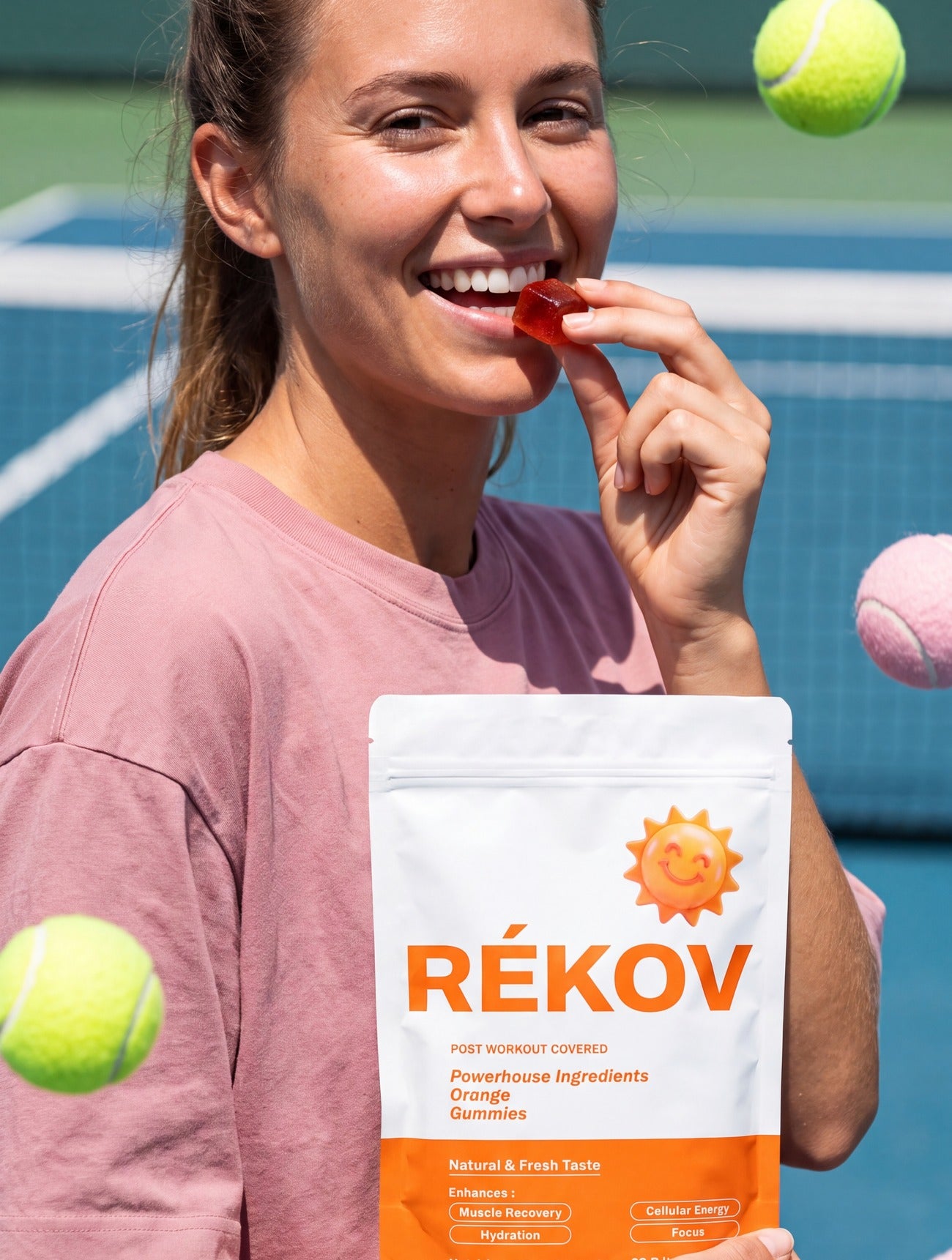 Tennis player chewing a Rékov gummy on the court