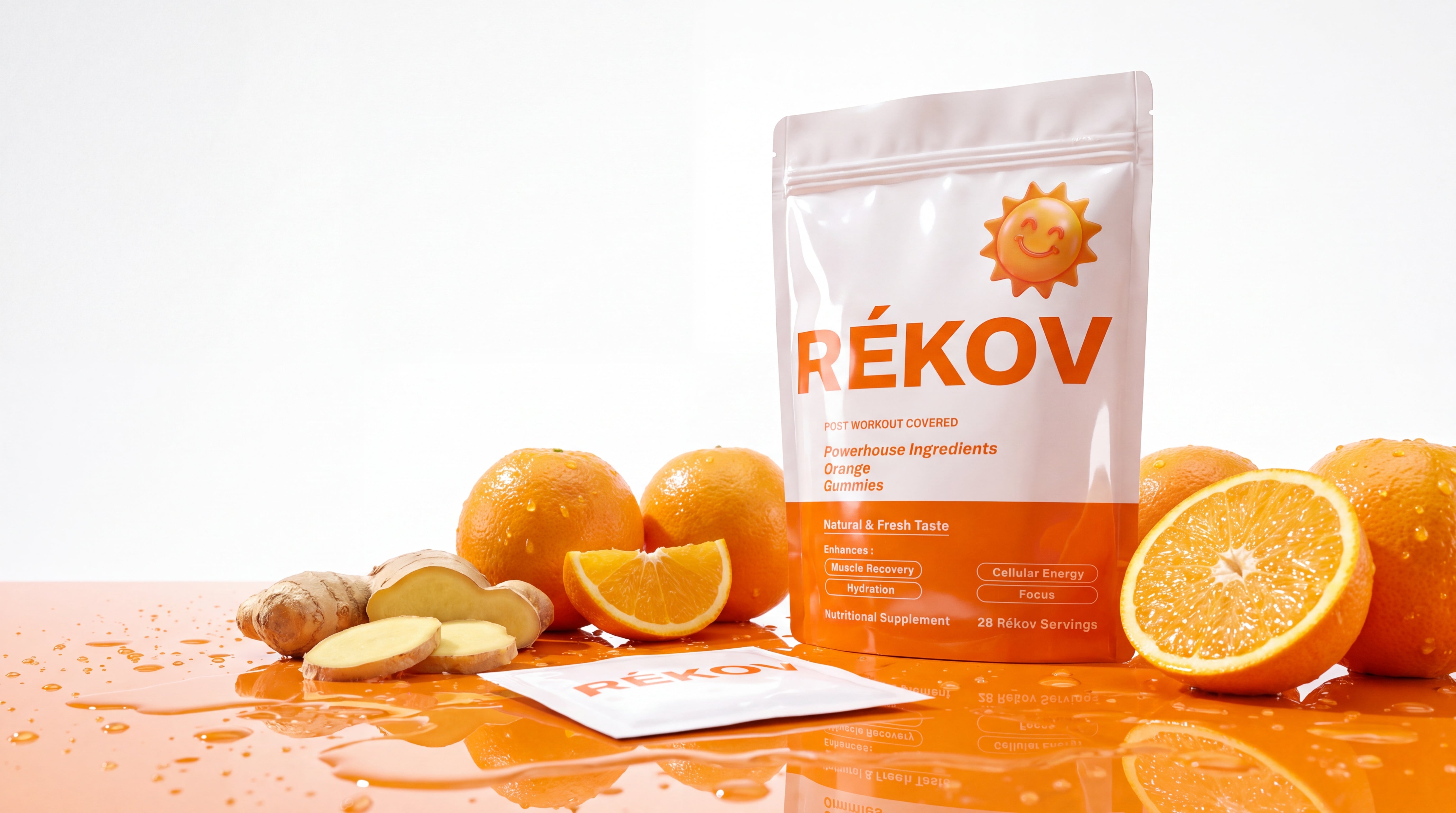 Rékov Orange recovery gummies with fresh oranges and ginger